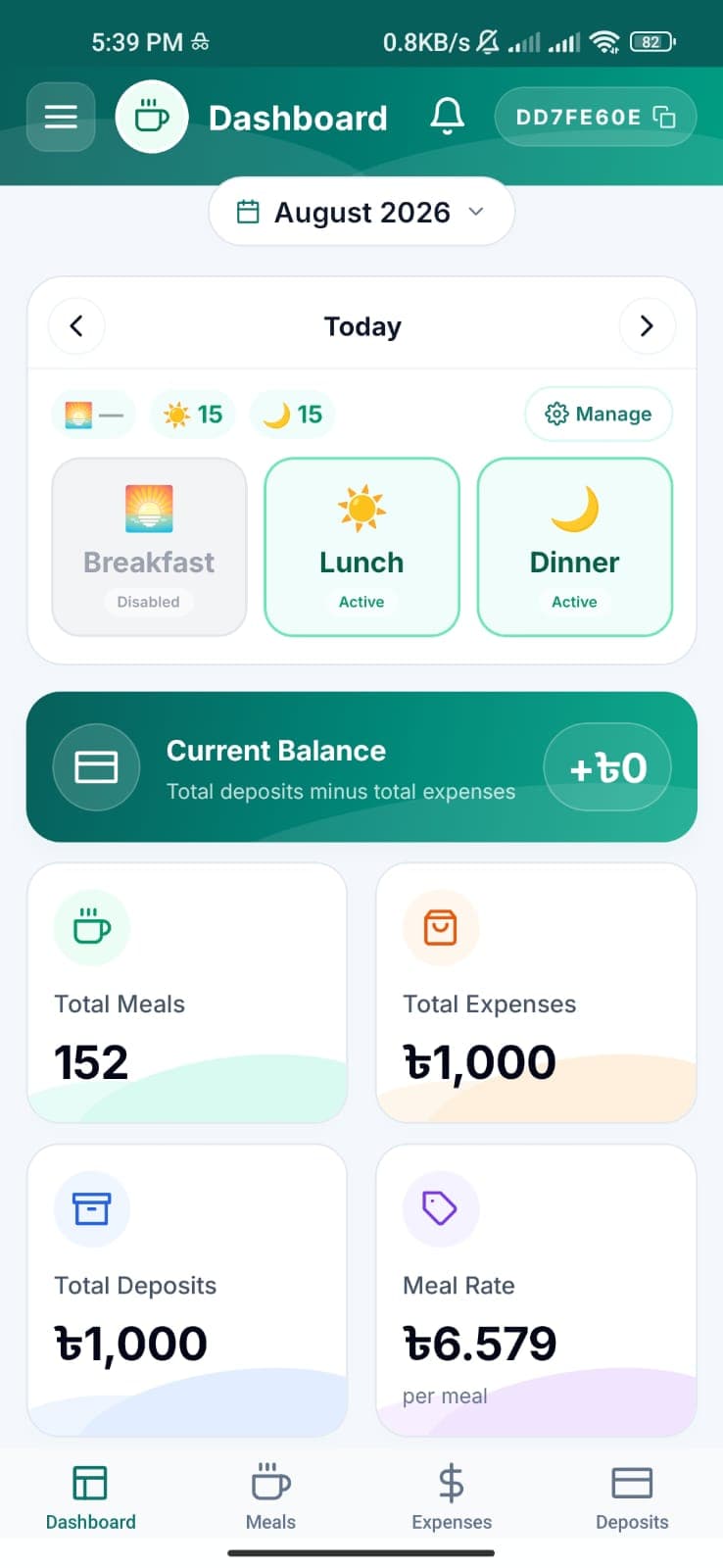 Melager mobile dashboard showing daily meal status, balance, total meals, expenses, deposits and meal rate